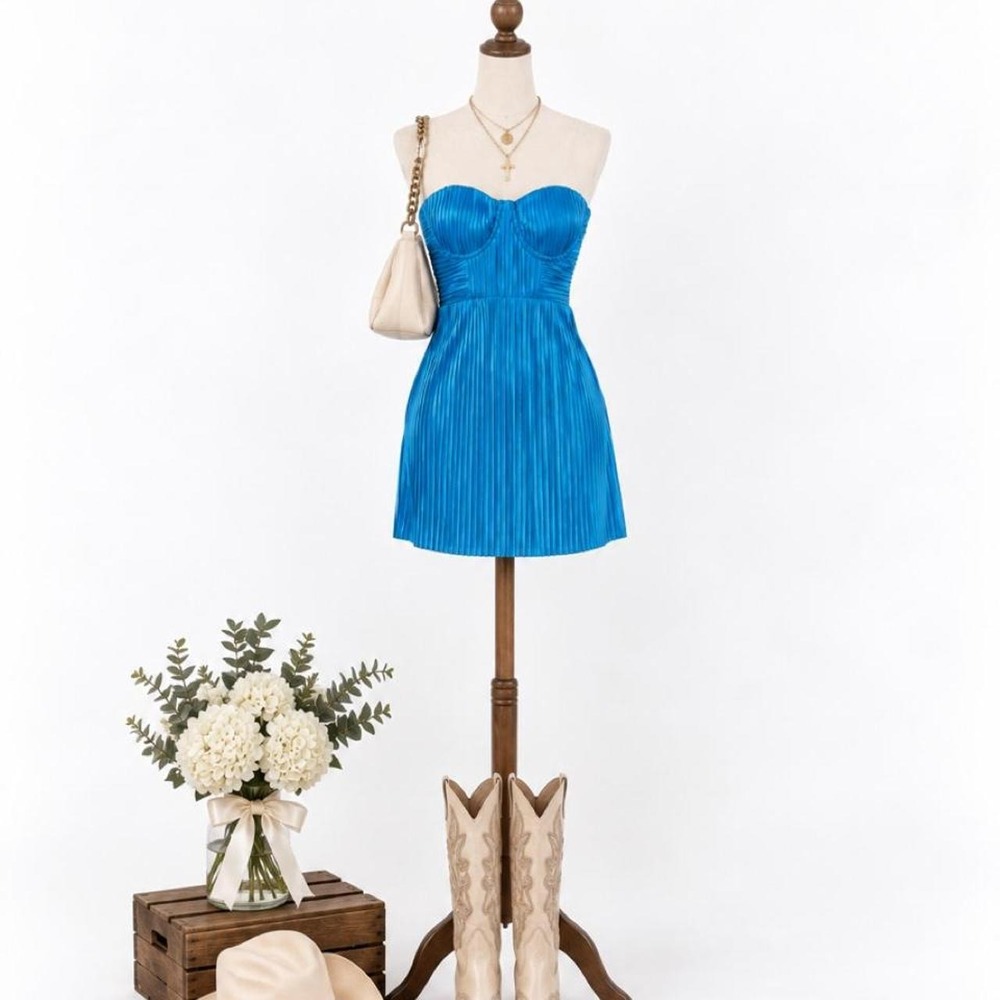 Hello Molly Blue Pleated Strapless Mini Dress – Size US 6